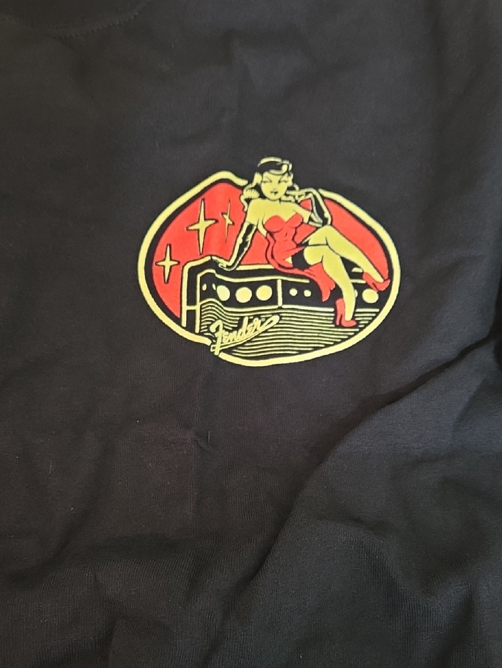 Fender Black Tee with Red and Yellow Pin-Up Graphic